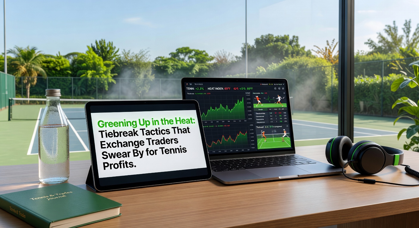 Exchange trading screen glowing green during a live tennis tiebreak, odds fluctuating rapidly