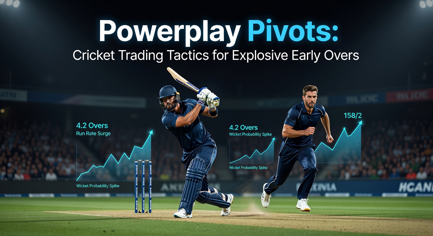 Dynamic cricket powerplay overs with batsmen attacking and traders monitoring betting exchange screens in real-time